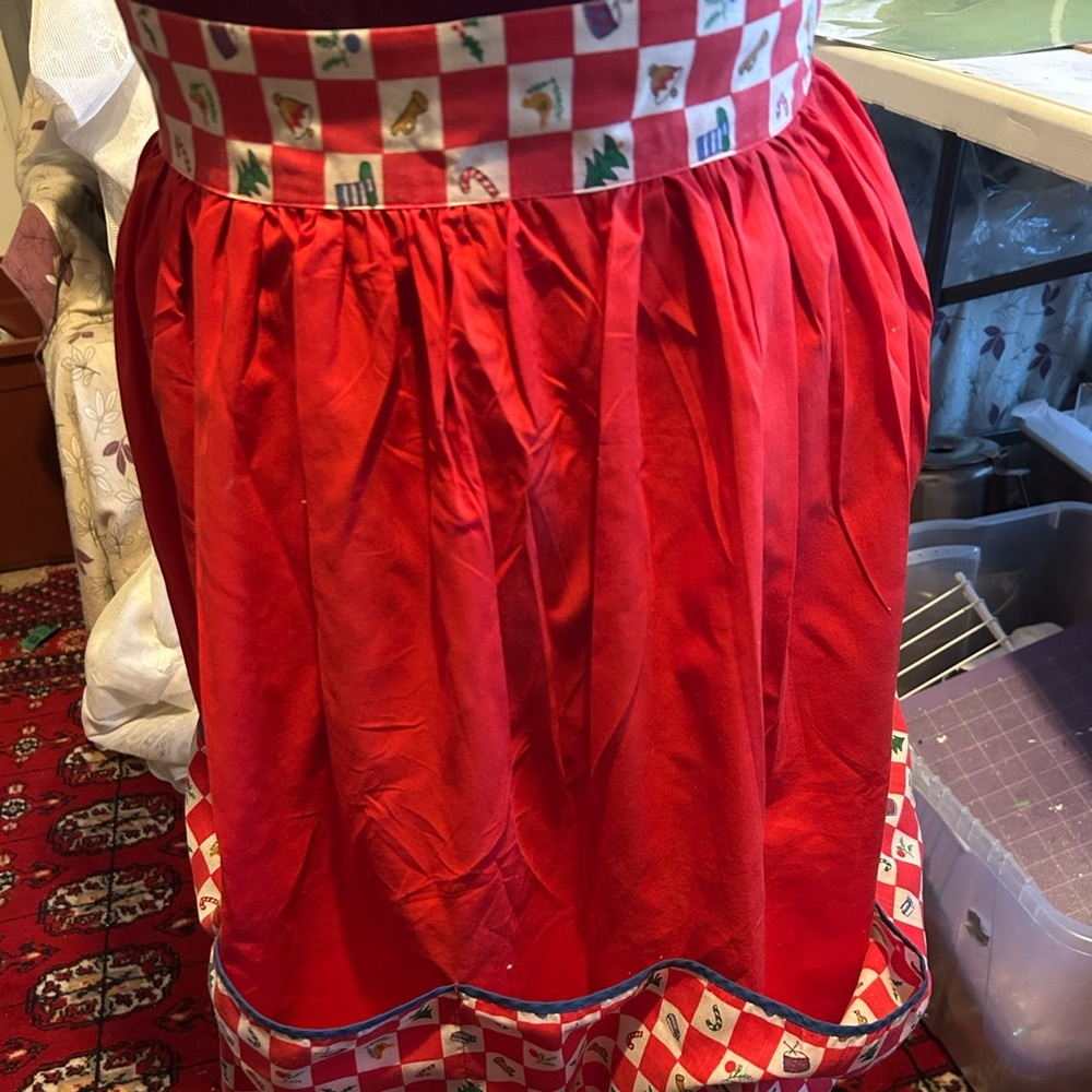 Vintage Red Christmas apron with Checkered Hem and waistband- kitschy, used